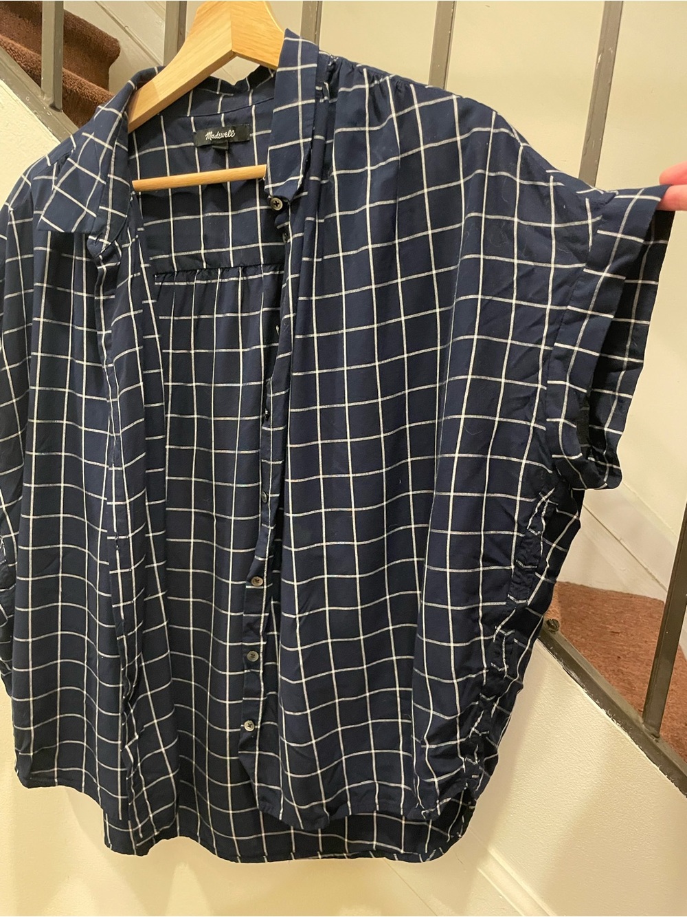 Madewell women's large navy blue window pane button down - Picture 4 of 4